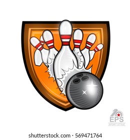 Bowling ball breaks the skittles in center of shield isolated on white. Sport logo for any team or championship