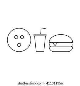 Bowling ball with burger and soda cup. Outline vector icon on white background. For bowling fans. 