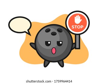 Bowling ball cartoon holding a stop sign