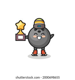 bowling ball cartoon as an ice skating player hold winner trophy , cute style design for t shirt, sticker, logo element