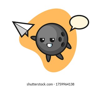 Bowling ball cartoon throwing paper airplane