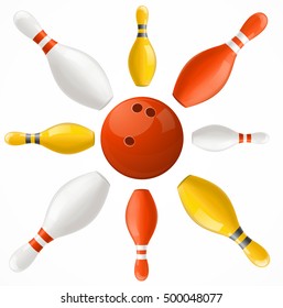 Bowling Ball in Center Pins Set. Vector illustration of Fun Bowl play, strike pin, target