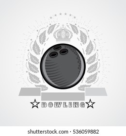 Bowling ball in center of silver wreath isolated on white. Sport logo for any team