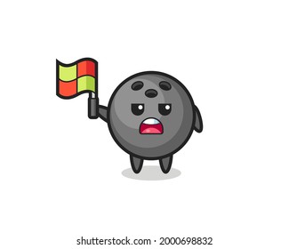 bowling ball character as line judge putting the flag up , cute style design for t shirt, sticker, logo element