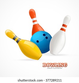 Bowling Ball Crashing Into Colorful Pins. Vector illustration