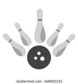 Bowling ball crashing into the pins on white background. Vector illustration in trendy flat style. EPS 10.