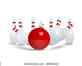 Bowling ball crashing into the pins. vector