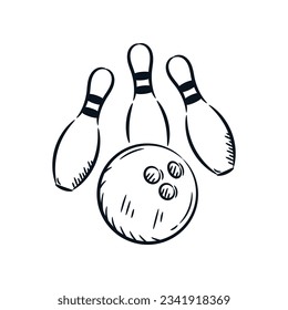 Bowling ball crashing into the pins hand drawn line illustration. Bowling strike sport competition or tournament. Vector drawing icon logo.