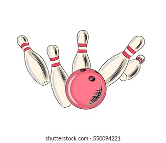 Bowling ball crashing into the pins.