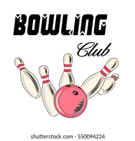 Bowling ball crashing into the pins. Bowling club poster.