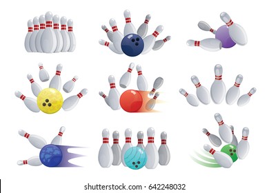 Bowling ball crashing into the pins isolated on white background skittles ninepins kegling vector illustration