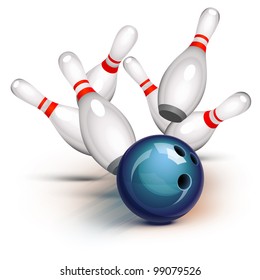 Bowling ball crashing into the pins - Shutterstock ID 99079526
