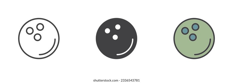 Juego de iconos de estilo diferente para bola de bolas. Línea, glifo y contorno relleno versión colorida, contorno y signo vectorial relleno. Símbolo, ilustración del logotipo. Gráficos vectoriales