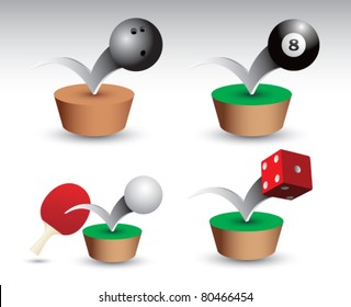 Bowling ball, eight ball, ping pong paddle and ball, and red dice bouncing on green platform