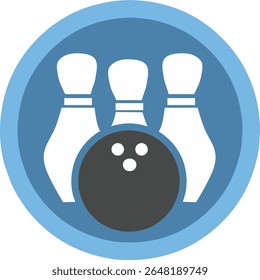 bowling ball with finger holes and three pins. Blue colours icon. Fit for bowling club logo.