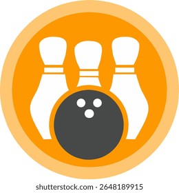bowling ball with finger holes and three pins. Orange yellow colours icon. Fit for bowling club logo.