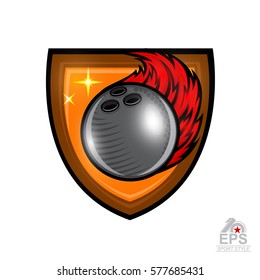 Bowling ball with fire trail in center of shield isolated on white. Sport logo for any team or championship
