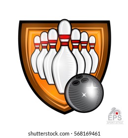 Bowling ball fly to skittles in center of shield isolated on white. Sport logo for any team or championship