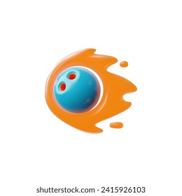 Bowling ball flying in flames, volumetric 3d vector illustration or icon isolated on white background. Cute cartoon toy ball and orange fire, realistic 3D object in plastic effect. Sports equipment