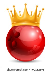 Bowling Ball in Golden Royal Crown. Concept of success in bowling sport. Bowling - king of sport. Realistic Stock Vector Illustration. Isolated on White Background.