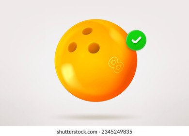 Bowling ball with green checkmark. 3d vector icon