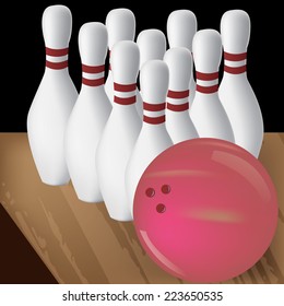 a bowling ball and a group of bowling pins