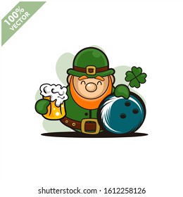 Bowling ball happy Saint Patrick's Day theme. Cartoon character with green hat illustration vector logo.