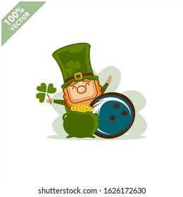  Bowling ball happy Saint Patrick's Day theme. Cartoon character with green hat illustration vector logo.