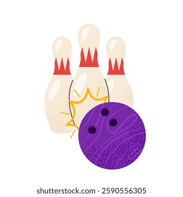 Bowling ball hits pins. Skittles and balls on a white background. For designs team sports and outdoor activity themes.