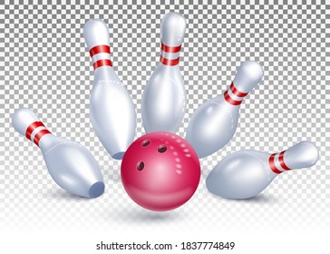 The bowling ball hits the pins. Bowling tournament. Accurate strike. 3d realistic vector illustration. Isolated on transparent background.