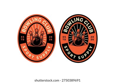 Bowling ball hitting pins retro badge logo design set for bowling sport club. Tenpin bowling strike vintage patch symbol graphic pack. Bowling ball hitting pins rustic emblem element designs
