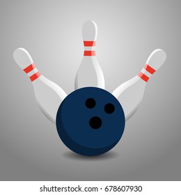 Bowling Ball Hitting Three Pins Vector Illustration - Strike!