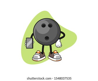 Bowling ball hold smartphone cartoon. Mascot Character vector.