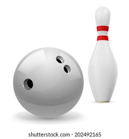 Bowling ball with holes in front of white skittle with red stripes on a white background
