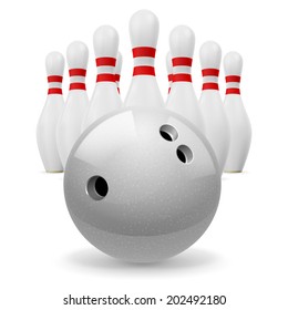 Bowling ball with holes in front. White skittles with red stripes on a white background
