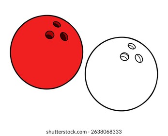 Bowling ball illustration, with one colored red version and one black and white outline. Ideal for sports graphics or coloring pages.