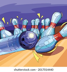 Bowling ball illustration vector art hits a pin and falls down