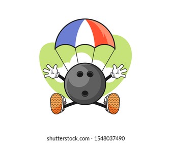 Bowling ball jumping parachute cartoon. Mascot Character vector.