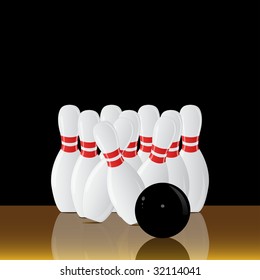 Bowling ball knocking over bowling pins reflected on a glossy background