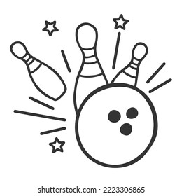 Bowling ball knocks down the pins. Strike. Black outline In doodle style isolated on white background. Cute hand drawn element for card, social media banner, sticker, logo. Vector illustration.