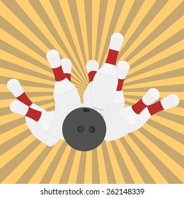 Bowling ball knocks down pins, strike, retro style, flat design - vectors