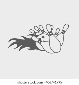 Bowling ball knocks down pins. Vector icon, sign or symbol design template