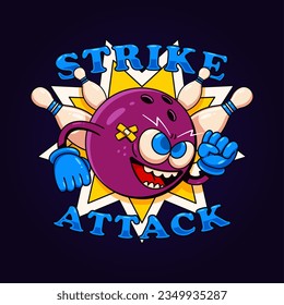 Bowling ball mascot attacking skittles, Perfect for logos, t-shirts, stickers and posters