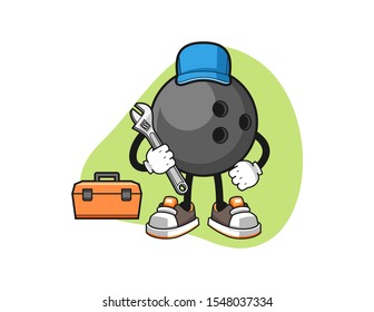 Bowling ball mechanic cartoon. Mascot Character vector.