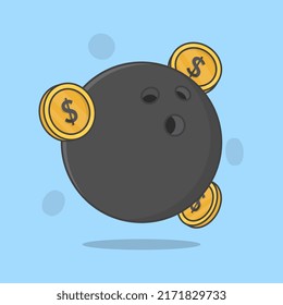 Bowling Ball With Money Cartoon Vector Illustration. Bowling Flat Icon Outline