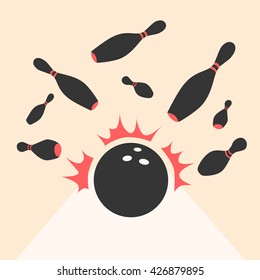 Bowling ball in motion. Scatter pins. Vector cartoon illustration