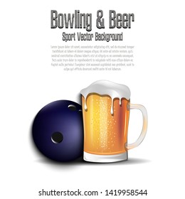 Bowling ball with mug of beer. Pattern for banner, poster, greeting card, party invitation, signboard, menu pub. Vector illustration