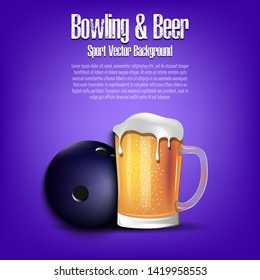 Bowling ball with mug of beer. Pattern for banner, poster, greeting card, party invitation, signboard, menu pub. Vector illustration