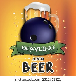 Bowling ball with mug of beer. Pattern for banner, poster, greeting card, party invitation, signboard, menu pub. Vector illustration