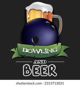 Bowling ball with mug of beer. Pattern for banner, poster, greeting card, party invitation, signboard, menu pub. Vector illustration
